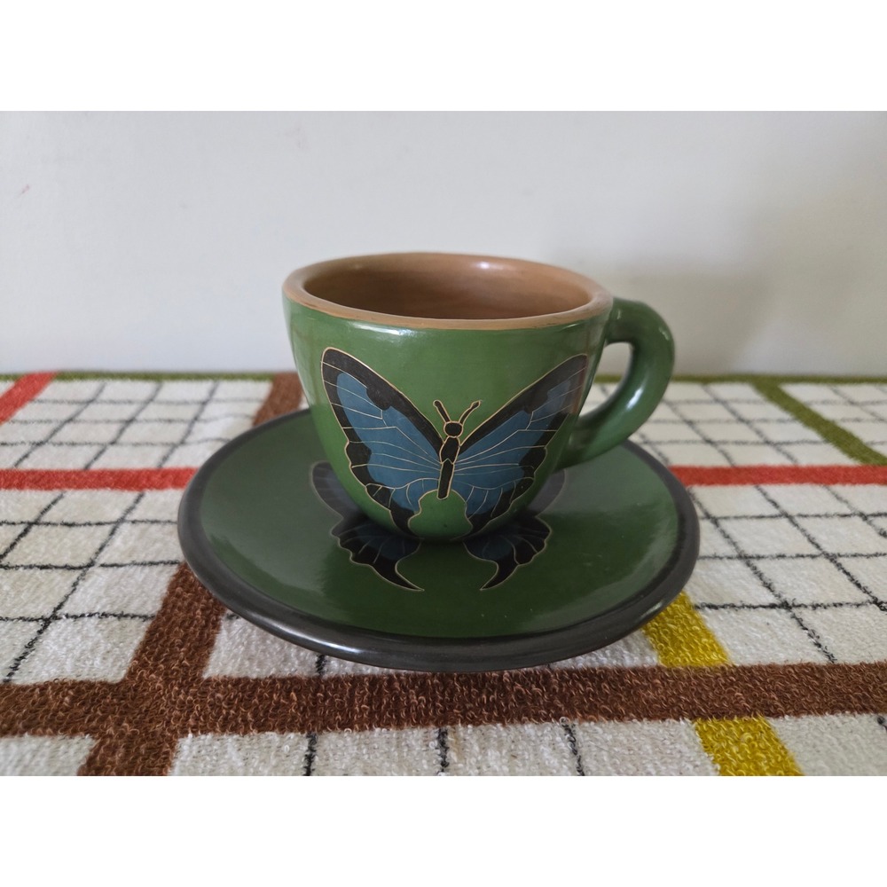 Nicaragua Pottery Butterfly Mug & Saucer Danilo Yovany Gallegos Green